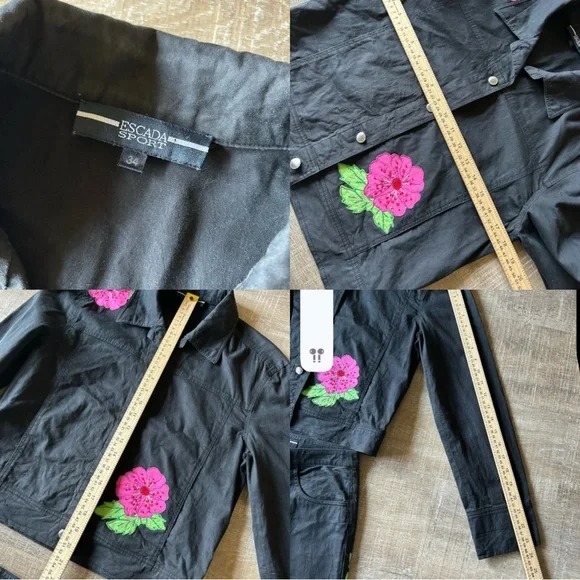Vintage ESCADA Floral Embroidered Beaded Black Jacket + straight leg Pant SET 34